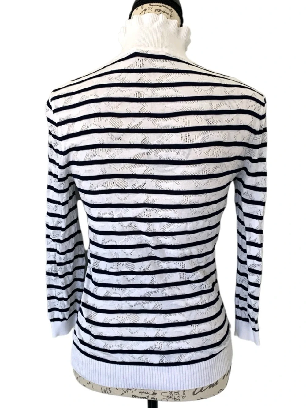 Chloe Ruffled  Turtleneck Striped Sweater White & Navy  Size S - Picture 3 of 6